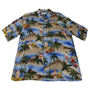 Pierre Cardin Men's Hawaiian Pin-Up Girl Button Shirt Size L Blue Beach Rayon‎